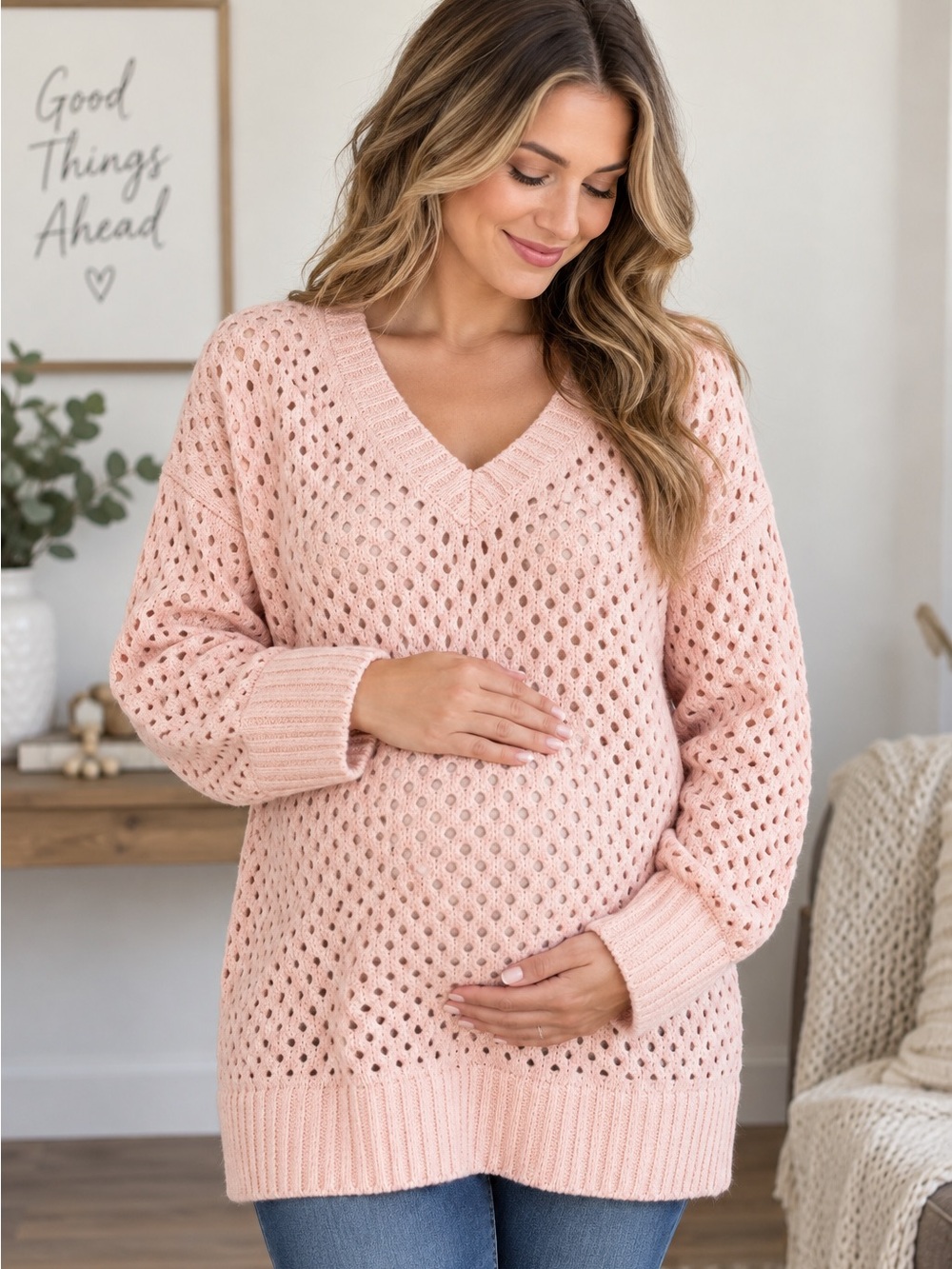 NWT Maternity Sweater Large Pink Republic Blush Open-Knit V-Neck